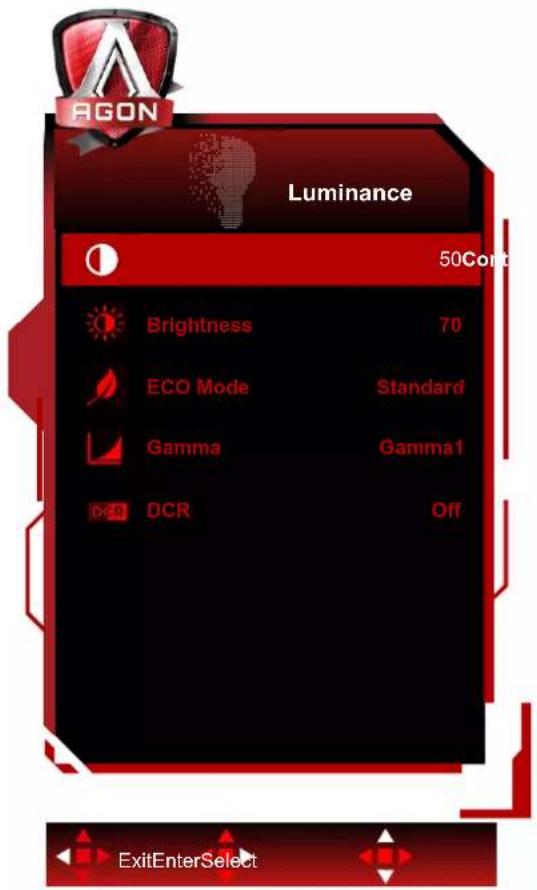 AGON Luminance 50Cond Brightness 70 ECO Mode Standard Gamma Gamma1 DCR Off ExitEnterSelect