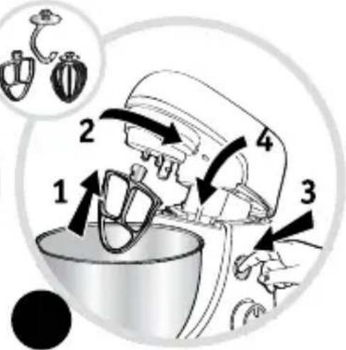 Diagram illustrating a kitchen mixer with numbered steps and a magnified view of the component being handled.