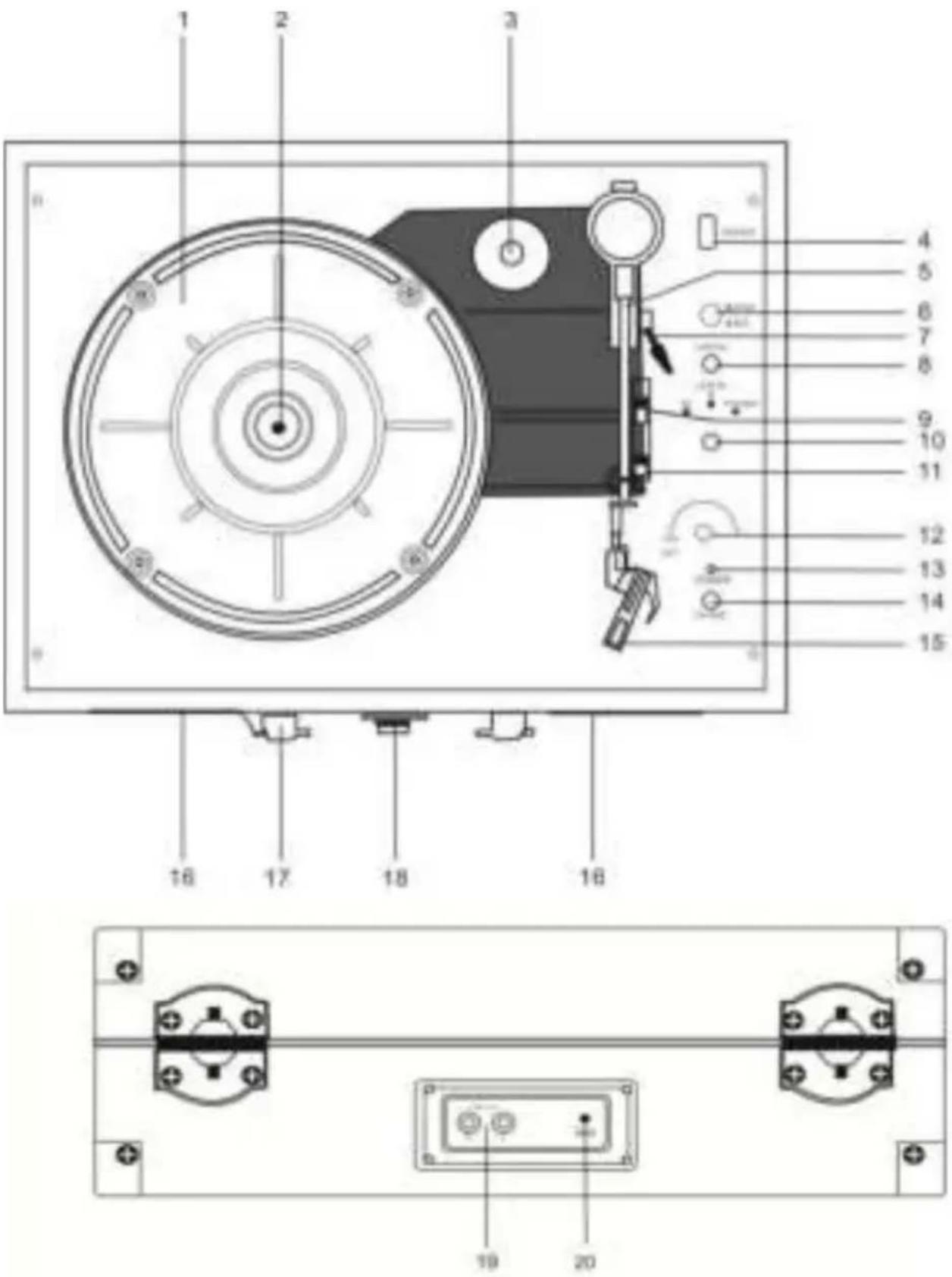 Technical diagram of a device with numbered parts and labeled components, including a central circular component and internal wiring.