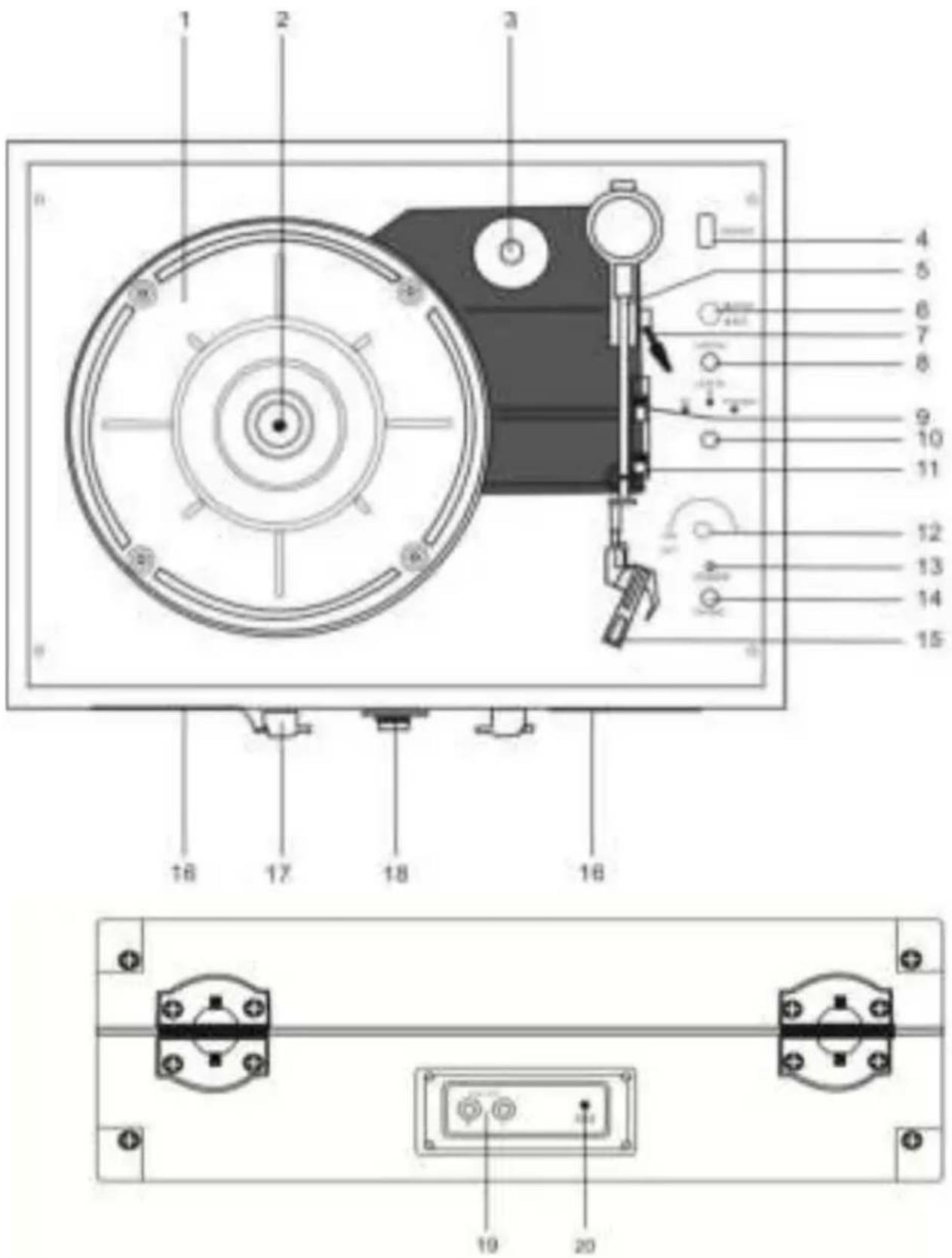 Technical diagram of a device with numbered parts and labeled circular components, including a central dial and internal wiring.