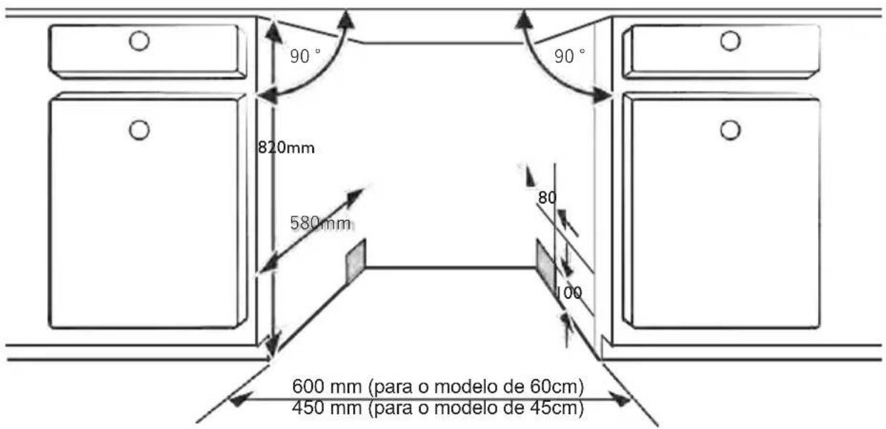90° 820mm 580mm 600 mm (para o modelo de 60cm) 450 mm (para o modelo de 45cm)