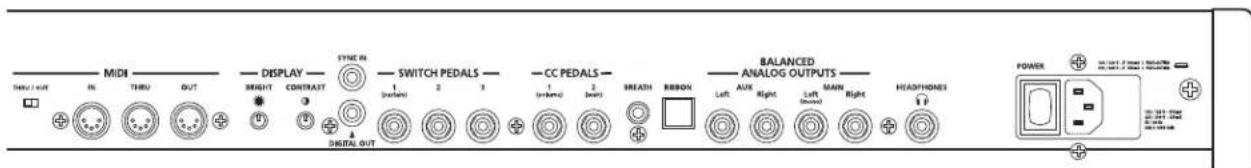 MIDI THRU / OUT THRU OUT DISPLAY BRIGHT CONTRAST SYME IN SWITCH PEDALS 1 (voltage) 2 3 1 (voltage) 2 (vout) CC PEDALS 1 (voltage) SREACH ROBIN BALANCED ANALOG OUTPUTS AUX Left Right Left (Ground) MAIN Right HEADPHONES POWER + - + - + - + - + - + - + - + - + - + - + - + - + - + - + - + - + - + - + - + - + - + - + - + - + -