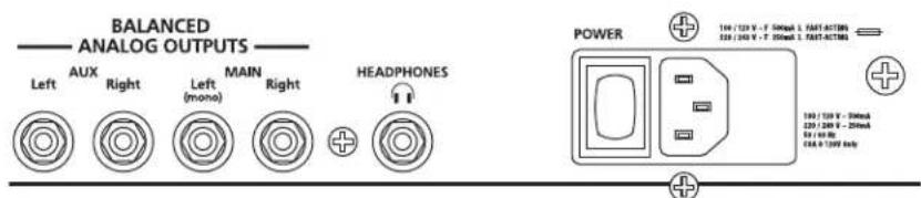 BALANCED ANALOG OUTPUTS Left AUX Right MAIN Right HEADPHONES POWER 100 / 120 V - F 300mA 1. MAX-0.0CTM8 225 / 240 V - F 300mA 1. MAX-0.0CTM8 100 / 120 V - 350mA 225 / 240 V - 350mA 54 / 60 mA CRA 0.12W Help