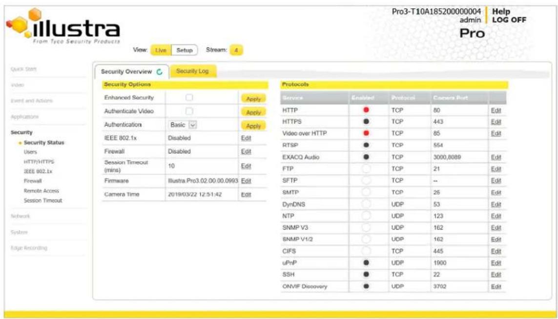 llustra From Tyco Security Products View: Live Setup Stream: 4 Pro3-T10A185200000004 Help admin LOG OFF Pro Security Overview Security Log Security Options Enhanced Security Apply Authenticate Video Apply Authentication Basic Apply IEEE 802.1x Disabled Edit Firewall Disabled Edit Session Timeout (mins) 10 Edit Firmware Illustra.Pro3.02.00.00.0993 Edit Camera Time 2019/03/22 12:51:42 Edit Protocols Service Enabled Protocol Camera Port HTTP ● TCP 80 Edit HTTPS ● TCP 443 Edit Video over HTTP ● TCP 85 Edit RTSP ● TCP 554 EXACQ Audio ● TCP 3000,8089 Edit FTP ○ TCP 21 Edit SFTP ○ TCP -- Edit SMTP ○ TCP 25 Edit DynDNS ○ UDP 53 Edit NTP ○ UDP 123 Edit SNMP V3 ○ UDP 162 Edit SNMP V1/2 ○ UDP 162 Edit CIFS ○ TCP 445 Edit uPnP ● UDP 1900 Edit SSH ● TCP 22 Edit ONVIF Discovery ● UDP 3702 Edit