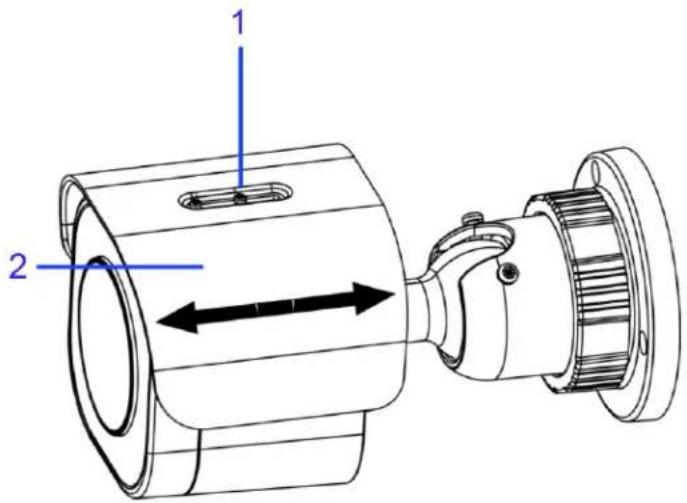 Technical diagram of a mechanical component with labeled parts 1 and 2, showing directional arrows indicating movement or force.