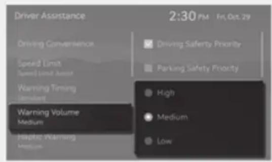 Driver Assistance 2:30 PM Fri, Oct. 29 Driving Convenience Speed Limit Speed limit asset Warning Timing Warning Volume Medium Haptic Warning Medium Driving Safety Priority Parking Safety Priority High Medium Low