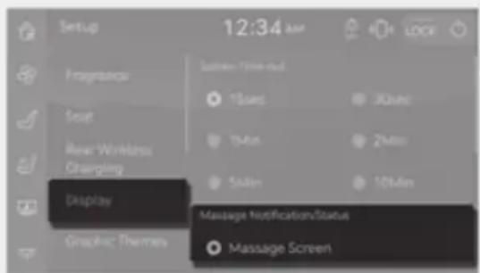 Setup 12:34 am Programs Start New Wireless Changing Display Graphic Themes Salmon Time out 15min 30min 15min 2Min 5Min 10Min Massage Notification Status Massage Screen