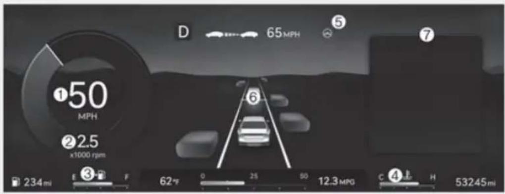 D 65 MPH ①50 MPH ②2.5 x1000 rpm ⑥ ⑦ 234 mi E ③ F 62°F 0 25 50 12.3 MPG C ④ H 53245 mi
