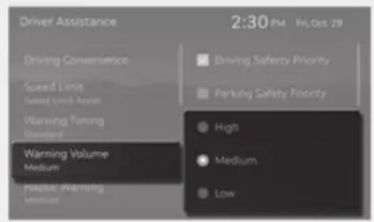 Driver Assistance 2:30 PM, Fri, Oct. 29 Driving Convenience Speed Limit Speed Unit Asset Warning Timing Standard Warning Volume Medium Haptic Warning Medium Driving Safety Priority Parking Safety Priority High Medium Low