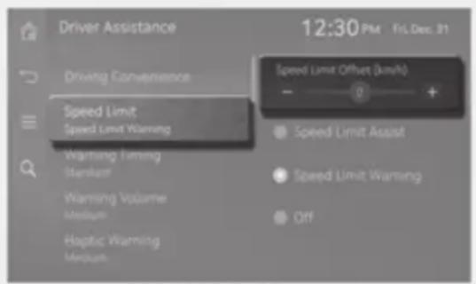 Driver Assistance 12:30 PM Fri Dec 31 Speed Limit Off (kWh) Driving Convenience Speed Limit Speed Limit Warning Warning Timing Standard Warning Volume Medium Haptic Warning Medium Speed Limit Assist Speed Limit Warning Off