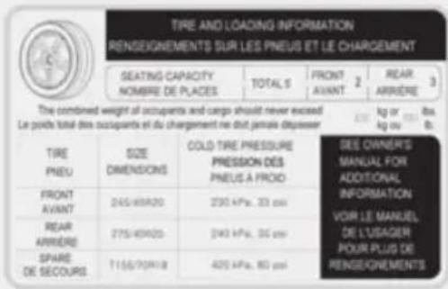 TIRE AND LOADING INFORMATION RENSEIGNEMENTS SUR LES PNEUS ET LE CHARGEMENT SEATING CAPACITY NOMBRE DE PLACES TOTAL S FRONT AVANT 2 REAR ARRIÈRE 3 The combined weight of occupants and cargo should never exceed kg or 80s. Le point total tire occupants et du chargement ne dit jeniale d'upresser kg ou 6 b. TIRE PNEU SIZE DIMENSIONS COLD TIRE PRESSURE PRESSION DES PNEUS A FROID SEE OWNERS MANUAL FOR ADDITIONAL INFORMATION VOIR LE MANUEL DE L'USAGEN POUR PLUS DE RENSEIGNEMENTS FRONT AVANT 245/40R20 230 kPa, 33 psi REAR ARRIÈRE 275/40R20- 240 kPa, 35 psi SPARE DE SECOURS T155/70R18 425 kPa, 80 psi
