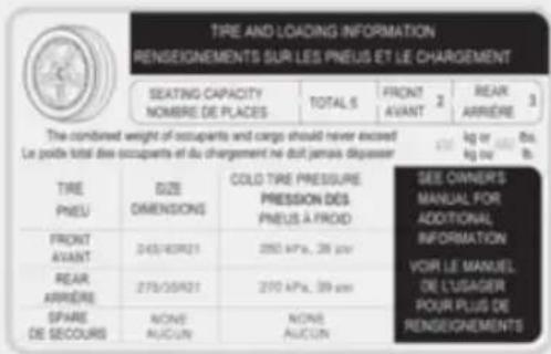 TIRE AND LOADING INFORMATION RENSEIGNEMENTS SUR LES PNEUS ET LE CHARGEMENT SEATING CAPACITY NOMBRE DE PLACES TOTAL S FRONT AVANT 2 REAR ARRIERE 3 The combined weight of occupants and cargo should never exceed kg or kg ou th. Le poixte total des occupants et du chargement ne doit jamais dépasser TIRE PNEU SIZE DIMENSIONS COLD TIRE PRESSURE PRESSION DES PNEUS À FROID SEE OWNER'S MANUAL FOR ADDITIONAL INFORMATION VOIR LE MANUEL DE L'USAGER POUR PLUS DE RENSEIGNEMENTS FRONT AVANT 245/40R21 260 kPa, 39 pm REAR ARRIERE 275/35R21 270 kPa, 39 pm SPARE DE SECOURS NONE AUCUN NONE AUCUN