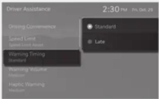 Driver Assistance Driving Convenience Speed Limit Speed Limit Asset Warning Timing Standard Warning Volume Medium Haptic Warning Medium 2:30 PM Fri Oct 29 Standard Late