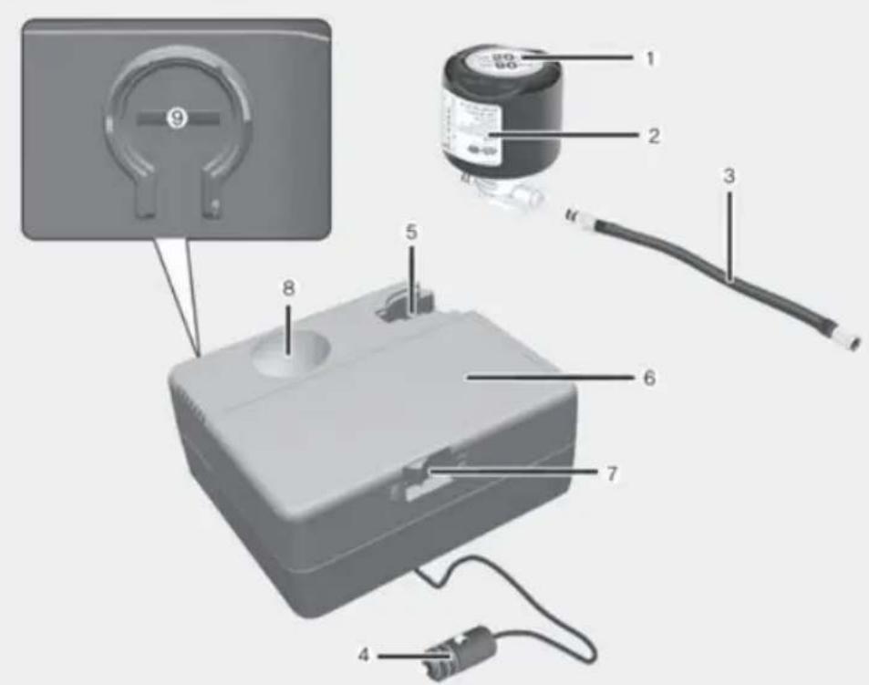 Labeled diagram of a battery pack with numbered components and wiring, including a 9-pin socket and cable connection.