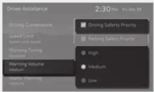 Driver Assistance 2:30 PM - Fri, Oct 29 Driving Convenence Speed Limit Speed Limit Asses Warning Timing Tenderage Warning Volume Medium Haptic Warning Medium Driving Safety Priority Parking Safety Priority High Medium Low