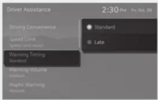 Driver Assistance Driving Convenence Speed Limit Speed Limit Assist Warning Timing Standard Warning Volume Medium Haptic Warning Medium 2:30 PM Fri Oct 29 Standard Late
