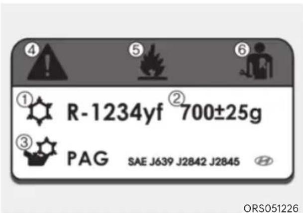 ④ ⑤ ⑥ ① R-1234yf ② 700±25g ③ PAG SAE J639 J2842 J2845 ORS051226