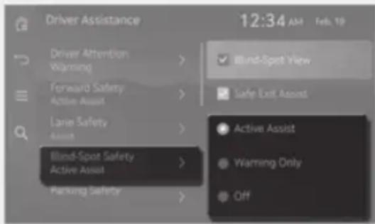 Driver Assistance 12:34 AM Feb. 19 Driver Attention Warning > Forward Safety Action Assist > Lear Safety Assist > Blind-Spot Safety Active Assist > Parking Safety >