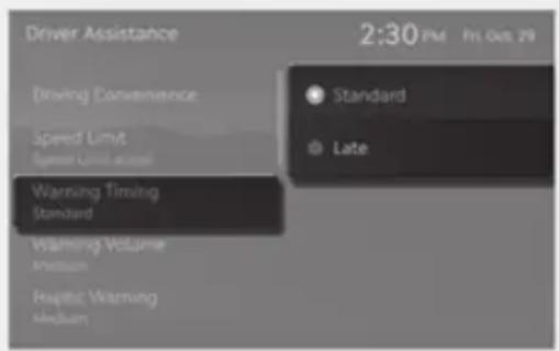 Driver Assistance Driving Convenience Speed Limit Speed Limit error Warning Timing Standard Warning Volume Medium Haptic Warning Medium 2:30 PM Fri Oct 29 Standard Late