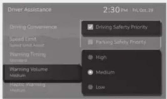 Driver Assistance 2:30 PM 19, Oct. 29 Driving Convenence Speed Limit Speed Unit Asset Warning Timing Medium Warning Volume Medium Haptic Warning Medium Driving Safety Priority Parking Safety Priority High Medium Low