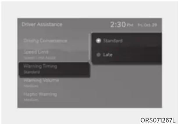 Driver Assistance Driving Convenience Speed Limit Sweet Limit Asses Warning Timing Standard Warning Volume Annotated Haptic Warning Medium 2:30 Fri Oct 29 Standard Late ORS071267L