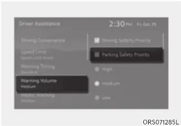 Driver Assistance 2:30 PM Fri, Oct. 29 Driving Conveniences Speed Limit Speed Limit Altitude Warning Timing Standard Warning Volume Medium Implied Warning Medium Driving Safety Priority Parking Safety Priority High Medium Low ORS071285L