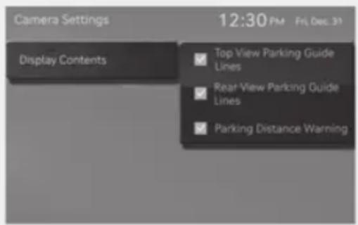 Camera Settings 12:30 PM Fri Dec 30 Display Contents Top View Parking Guide Lines Rear View Parking Guide Lines Parking Distance Warning