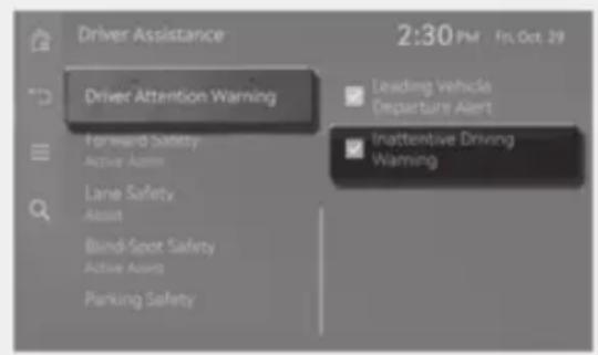Driver Assistance 2:30 PM Fri, Oct. 29 Driver Attention Warning Forward Safety Active Assist Lane Safety Assist Blind-Spot Safety Active Assist Parking Safety Leading Vehicle Departure Alert Inattentive Driving Warning