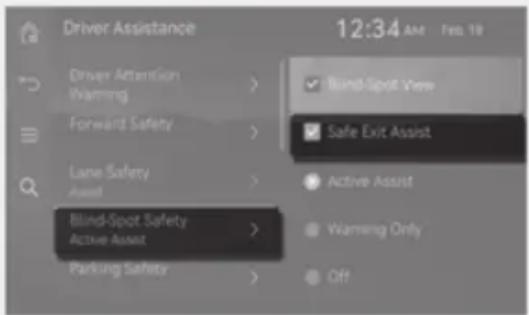 Driver Assistance 12:34 AM Feb. 18 Driver Attention Warming > Forward Safety > Lane Safety Asset > Blind-Spot Safety Active Asset > Parking Safety > Bund-Spot View Safe Exit Assist Active Assist Warning Only Off