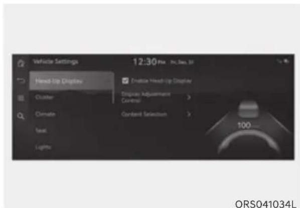 Vehicle Settings 12:30 PM - 9:30, 37 Head-Up Display Emotion Head-Up Display Cluster Struts Adjustment Control Climate Control Selection Level Light ORS041034L