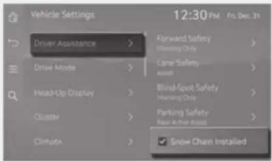 Vehicle Settings 12:30 PM Fol Dec 31 Driver Assistance > Forward Safety Warning Only > Drive Mode > Lane Safety Assist > Head-Up Display > Blind-Spot Safety Warning Only > Cluster > Parking Safety Raw Air-then-Roads > Climate > Snow Chain Installed