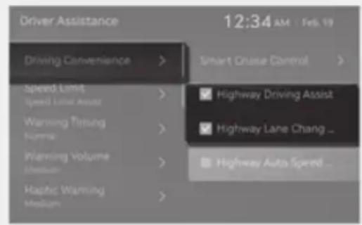 Driver Assistance 12:34 AM - Feb 19 Driving Convenience > Speed Limit > Speed Limit Asset > Warning Timing > Norme > Warning Volume > Medium > Haptic Warning Medium > Smart Cruise Control > Highway Driving Assist Highway Lane Chang _ Highway Auto Speed _