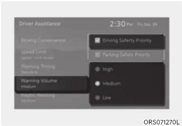 Driver Assistance 2:30 PM Fri, Oct. 29 Driving Convenience Speed Limit Signal Limit Bound Warning Timing Standard Warning Volume Medium Haptic Warning Medium Driving Safety Priority Parking Safety Priority High Medium Low ORS071270L
