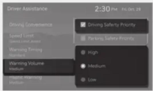 Driver Assistance 2:30 PM Fri. 05. 29 Driving Convenence Speed Limit Speed Limit Assist Warning Timing Standard Warning Volume Medium Hagnetic Warning Medium Driving Safety Priority Parking Safety Priority High Medium Low