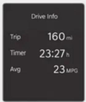 Drive Info Trip 160 mi Timer 23:27 h Avg 23 MPG
