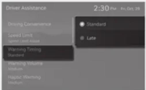 Driver Assistance Driving Convenience Speed Limit Speed Limit Assist Warning Timing Standard Warning Volume Medium Haptic Warning Medium 2:30 PM Fri Oct 29 Standard Late