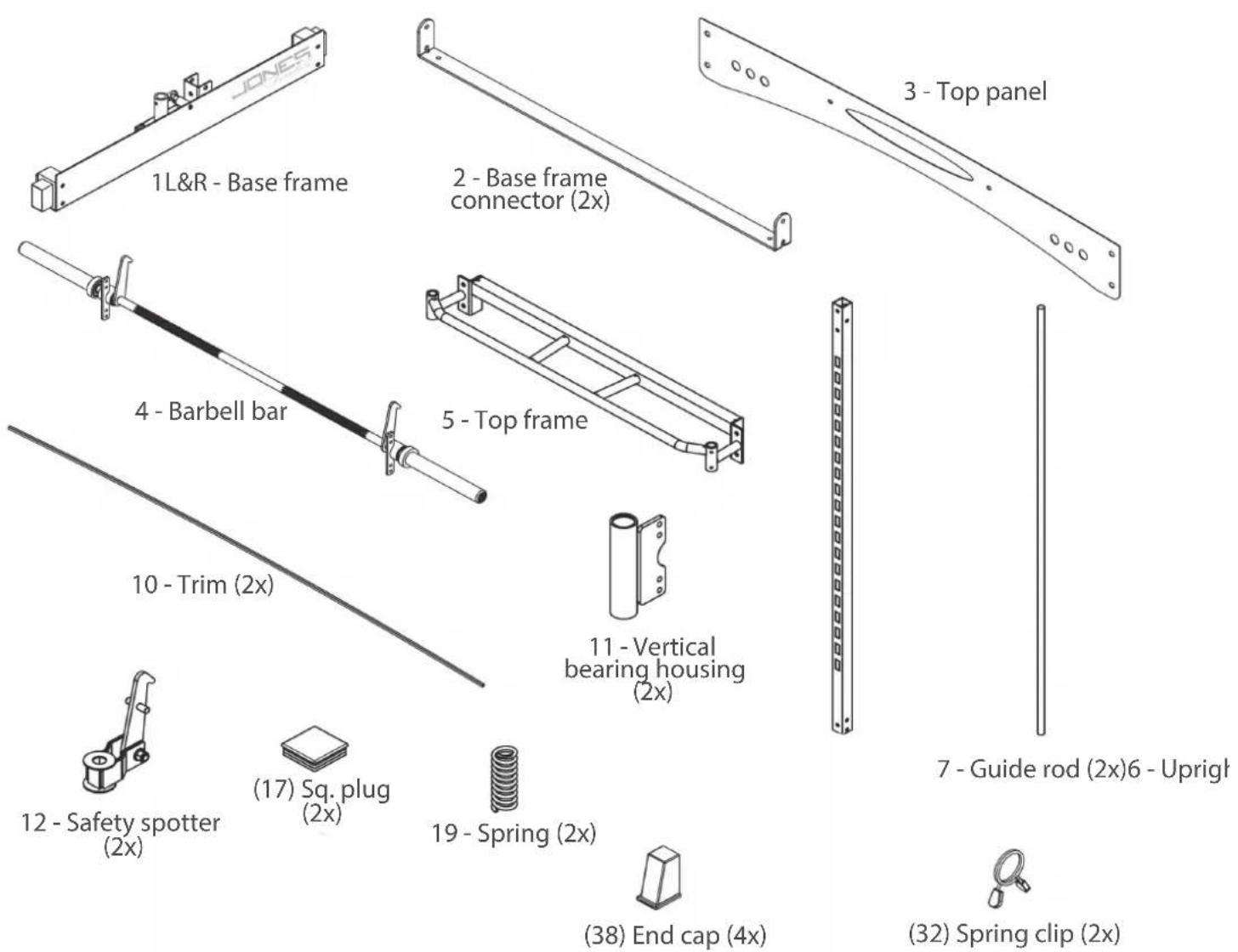 JONES 1L&R - Base frame 2 - Base frame connector (2x) 3 - Top panel 4 - Barbell bar 5 - Top frame 10 - Trim (2x) 11 - Vertical bearing housing (2x) 12 - Safety spotter (2x) (17) Sq. plug (2x) 19 - Spring (2x) (38) End cap (4x) 7 - Guide rod (2x)6 - Uprigh (32) Spring clip (2x)