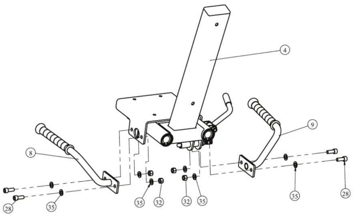 Technical diagram of a mechanical assembly with numbered components and dashed alignment lines