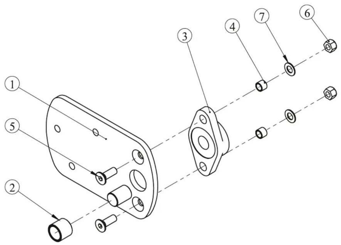 Technical diagram of a mechanical assembly with numbered parts and labeled features