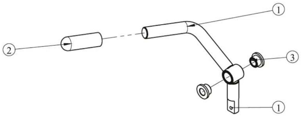 Technical diagram of a mechanical assembly with numbered components and directional arrows indicating motion or flow.
