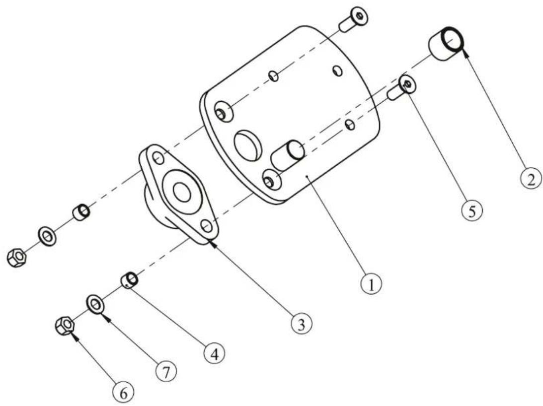 Technical diagram of a mechanical assembly with numbered components and directional arrows indicating assembly or flow.