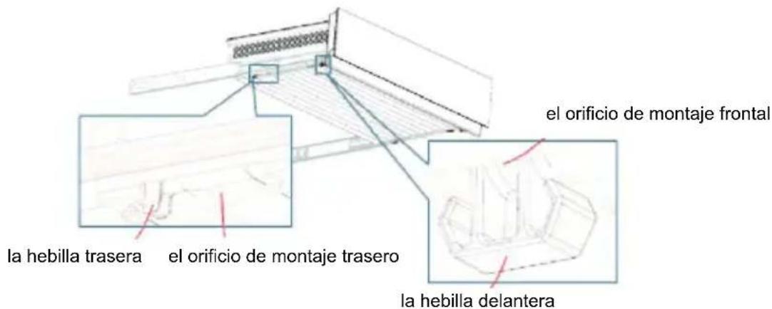 el orificio de montaje frontal la hebilla trasera el orificio de montaje trasero la hebilla delantera