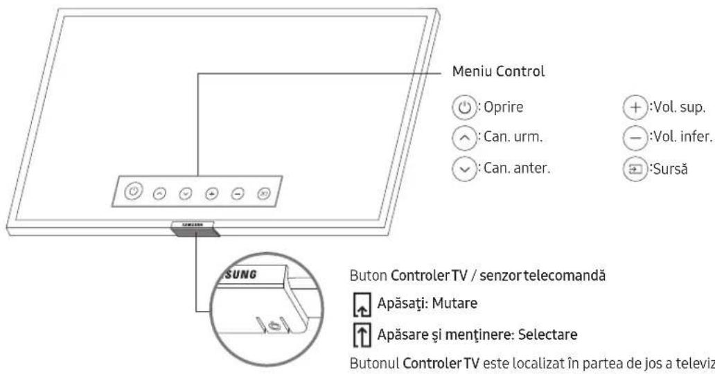 Meniu Control : Oprire : Can. urm. : Can. anter. +:Vol. sup. -:Vol. infer. Sursă SUNG Buton Controller TV / senzortelecomandă Apăsați: Mutare Apăsare și menținere: Selectare Butonul Controller TV este localizat în partea de jos a televiz
