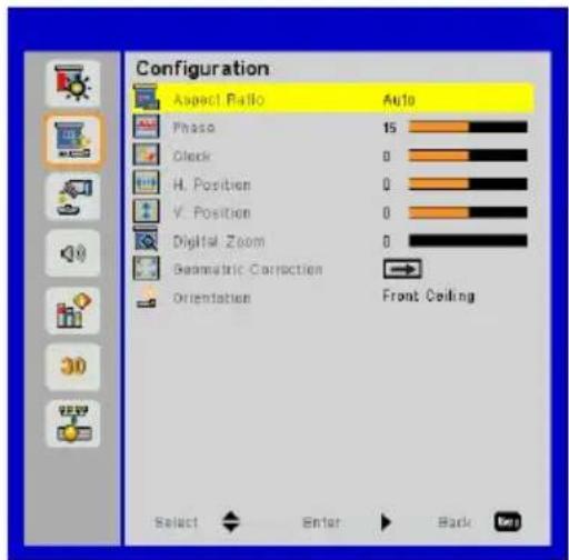 Configuration Aspect Ratio Auto Phase 15 Clock 0 H. Position 0 V. Position 0 Digital Zoom 0 Geometric Correction Orientation Front Ceiling Select Enter Back