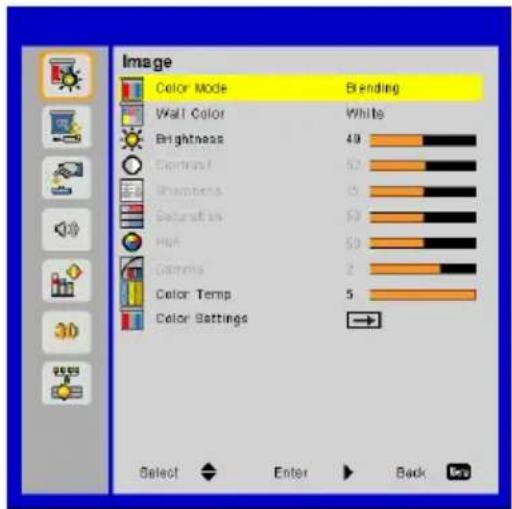Image Color Mode Blending Wall Color White Brightness 49 Clearfoot 52 Smoothness 5 Saturation 53 HUA 51 Gamma 2 Color Temp 5 Color Settings Select Enter Back