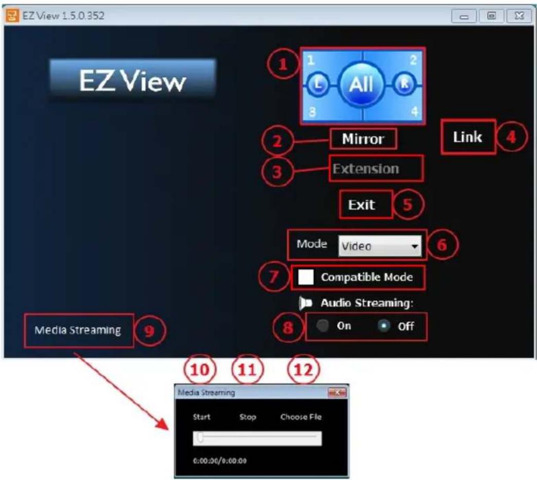 EZ View 1.5.0.352 EZ View 1 L All R 3 4 2 Mirror Link 3 Extension Exit 5 Mode Video 6 7 Compatible Mode Audio Streaming: 8 On Off Media Streaming 9 10 11 12 Media Streaming Start Stop Choose File 0:00:00/0:00:00