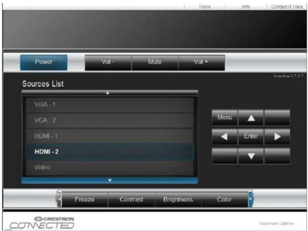 Tools Info Contact IT Help Power Vol - Mute Vol + Sources List VGA - 1 VGA - 2 HDMI - 1 HDMI - 2 Video Menu Enter Freeze Contrast Brightness Color CRESTRON CONNECTED Expansion Options