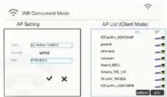 WiFi Concurrent Mode AP Setting SRRD 82 Mobile 708603 Security WPA2 API 87854321 AP List (Client Mode) ON OFF EZCaspPro_8D003AEF gwMobile dms test Lotuspec Xiaomi_66C1 Actions_TPE_14F TP-UNK_P07E88 EZCaspPro_8D0039FB refresh a46