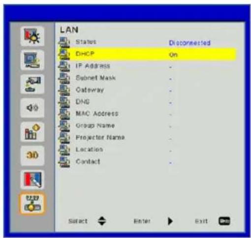 LAN Status Disconnected DHCP On IP Address Subnet Mask Gateway DNS MAC Address Group Name Projector Name Location Contact Select Enter Exit
