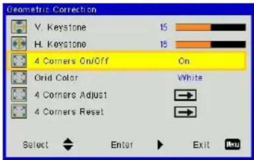 Geometric Correction V. Keystone 15 H. Keystone 15 4 Corners On/Off On Grid Color White 4 Corners Adjust → 4 Corners Reset → Select Enter Exit